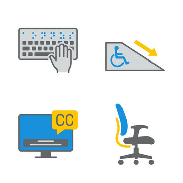 Icons representing accessibility, including Braille keyboard, wheelchair ramp, closed captions, and ergonomic office chair
