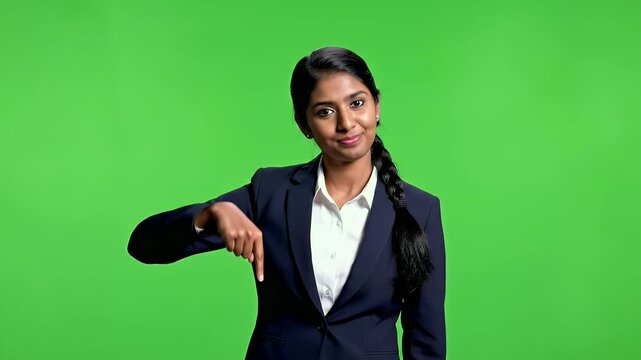 Woman in business attire points downward on a green background