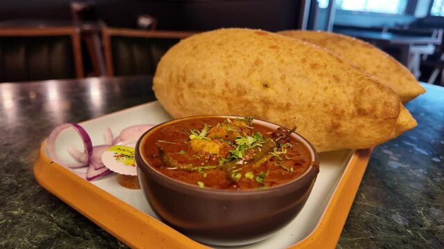 Close-up cinematic shot of chole bhature highlighting rich, spicy chickpea curry garnished with herbs and served with crispy golden bhature. The depth-of-field and warm tones capture the authentic Ind