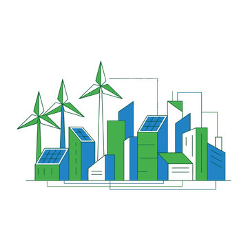 Smart city illustration Sustainable architecture, wind turbines, solar panels. An integrated urban grid directs renewable energy, powering an eco-friendly future