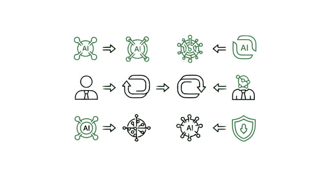 Artificial Intelligence and Machine Learning Process Flowchart Icons.