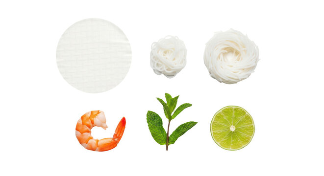 Fresh spring roll kit: rice paper, shrimp, vermicelli, mint, lime isolated on transparent background