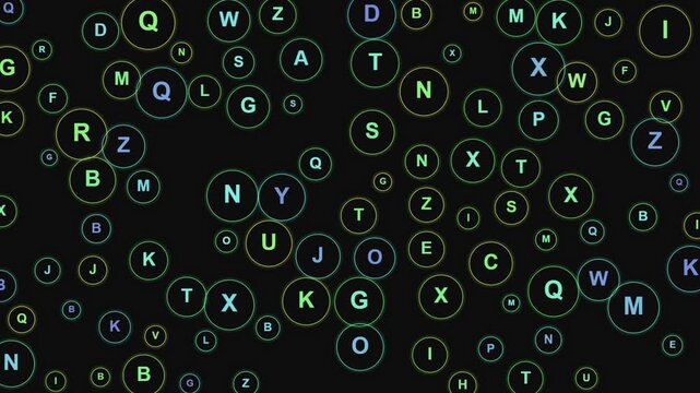 Colorful letters move around a dark background showcasing patterns and shapes across four frames