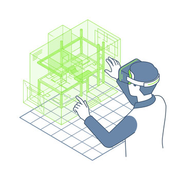 Architectural design visualization using virtual reality headset for interactive planning and blueprint review