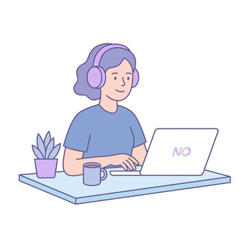 Woman wearing headphones works on laptop at desk with coffee and plant
