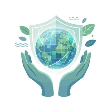 Protecting the planet Hands holding the Earth under a shield, symbolizing environmental conservation and global safety