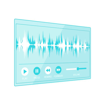 Futuristic digital audio visualizer interface displaying a waveform with playback controls on a transparent screen