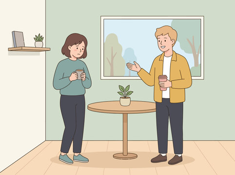 Simple illustration of a young woman experiencing social anxiety during a conversation with an empathetic man in a modern cafe setting.