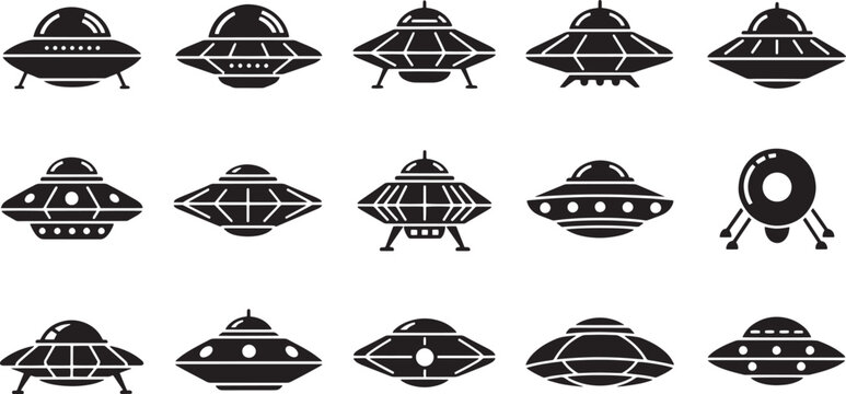 Diverse black silhouette UFO icons, showcasing various mysterious flying saucer designs. Graphic illustrations symbolizing extraterrestrial encounters, unknown phenomena, and futuristic space travel