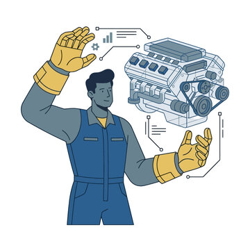 Mechanic using augmented reality to interact with a 3D model of an engine, showcasing advanced technology in automotive repair and engineering