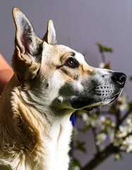 Obraz premium Close-up side profile of a dog with tan and white fur, brown eyes, and a black nose, with a branch and light background