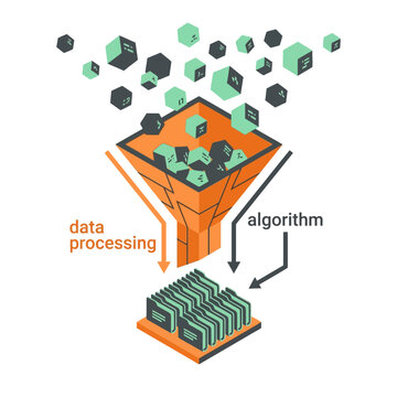 Conceptual illustration of data processing and algorithmic transformation, showing raw digital information being funnelled and organized into structured outputs for analysis and insights