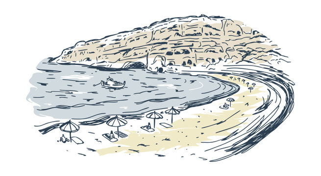 Matala beach. Crete. Greece. Handdrawn coastline. Vector illustration