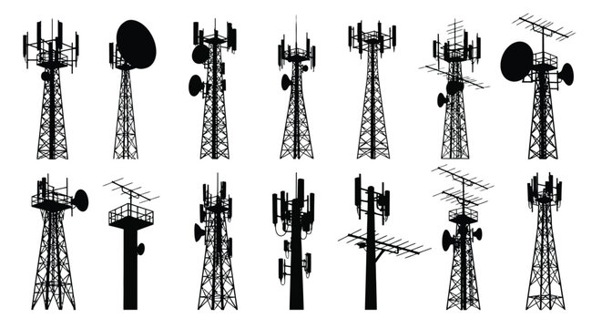 Collection of communication towers in a stark black silhouette