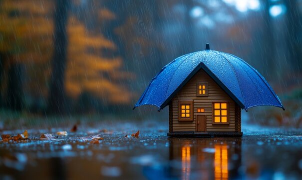 house sheltered under a blue umbrella in the rain, symbolizing insurance and protection, set against a blurred outdoor background, Generative AI
