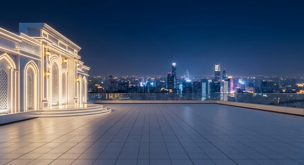 Obraz premium Modern rooftop terrace overlooking a vibrant city skyline at night with illuminated skyscrapers and architectural building detail