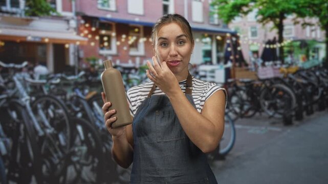 Woman holding ceramic bottle in right hand and touching mouth on a street, wearing striped shirt and denim apron; friendly product demo.