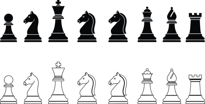 Vector graphic design illustration set of chess pieces outline and solid