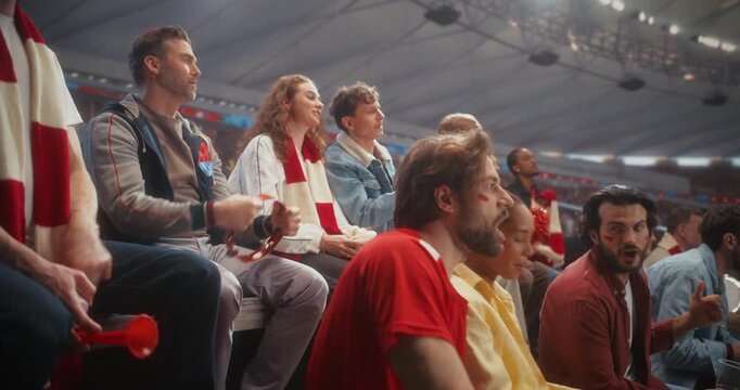 Sport Stadium Big Event: Group of People Cheering. Crowd of Fans with Painted Faces Cheer, Shout for Soccer Team to Win. People Celebrate Scoring a Goal, Championship Victory
