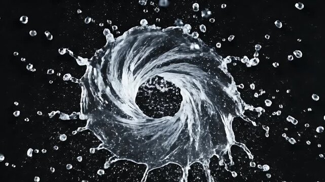 A swirling vortex of water splashes outwards against a dark background