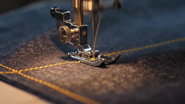 Sewing machine needle stitching blue denim fabric with yellow thread