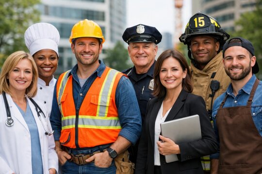 Group of diverse professionals including doctor chef builder police and firefighter smiling in city