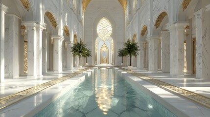 Fototapeta premium Luxury marble hall with pool and gold decor showing elegant palace interior and rich architectural style