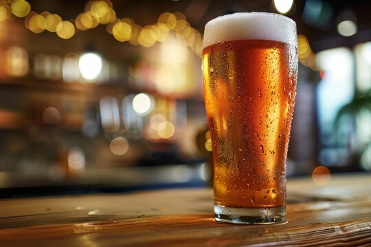 Copo de cerveja gelada com gotas e espuma no balc&atilde;o de madeira. Fundo desfocado de bar com luzes bokeh.