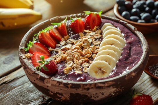 Tigela de a&ccedil;a&iacute; com granola, morango e fatias de banana. Caf&eacute; da manh&atilde; saud&aacute;vel e r&uacute;stico em mesa de madeira