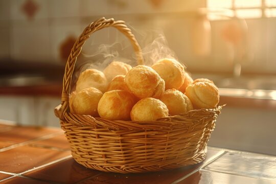 Cesta de vime com p&atilde;o de queijo quente e rec&eacute;m-assado saindo fuma&ccedil;a. Fundo de cozinha aconchegante com luz solar da manh&atilde;