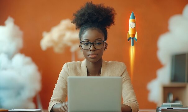 African businesswoman working with a laptop, surrounded by a forex hologram with a rocket, representing financial growth and investment, Generative AI