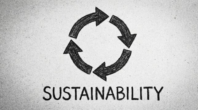 Circular arrows loop in sketch style above bold &ldquo;SUSTAINABILITY&rdquo; text, symbolizing cyclical reuse, recycling, and renewal on textured gray background.