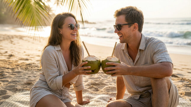 Happy couple drinking fresh coconut water on tropical beach at sunset.