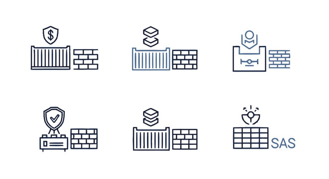 Conceptual cybersecurity and data protection icons with container and firewall elements.