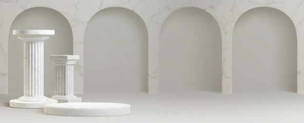 Fototapeta premium Ancient greek or roman podiums, white marble pedestal on arch wall, realistic vector background. 3D stone museum column stands and grey arcs in temple interior, presentation or product display.