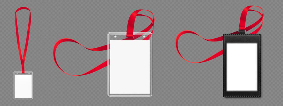 Id badge mockup with blank white paper, transparent plastic card and black leather holder and red lanyard, realistic vector isolated on transparent background. Design template for identification