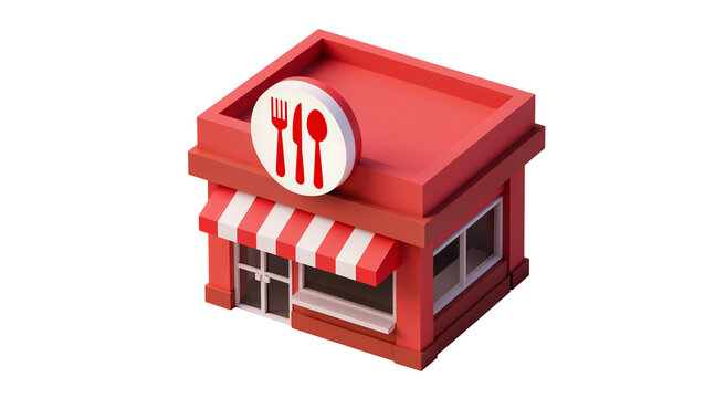 Red stylized restaurant building with awning and circular logo featuring fork and spoon, isolated on transparent background for commercial use