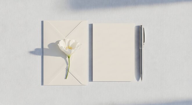 minimalist white notebooks with a delicate white flower on textured surface for workspace