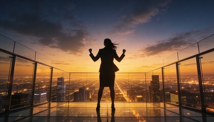 Fototapeta premium Successful Businesswoman Celebrating on Rooftop Overlooking City
