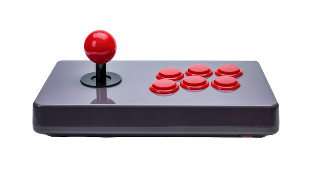 Purple retro arcade joystick with a bright red spherical top accompanied by three matching red buttons, isolated on transparent background for gaming designs