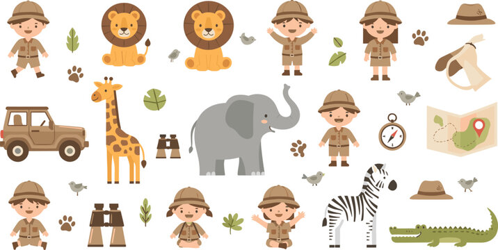Cute Safari Adventure Vector Set with Cartoon Jungle Animals, Explorer Kids, Wildlife Elements, Jeep, Map, and Nature Themed Illustration Collection.