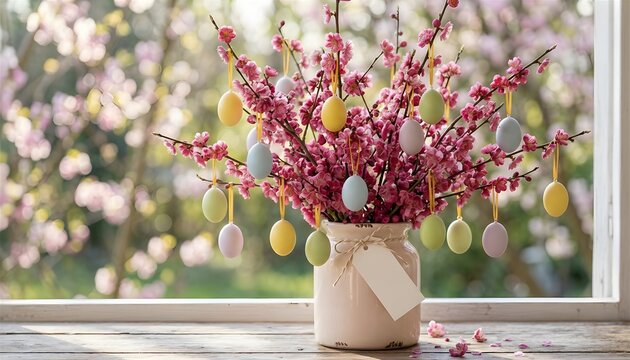 Kreative OsterdekorationKeramikvase und Anh&auml;nger auf der Fensterbank. Helle Fr&uuml;hlingsatmosph&auml;re, nat&uuml;rliches Licht.