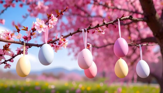 Bunte Ostereier an bl&uuml;hendem Kirschbl&uuml;tenzweig vor blauem Fr&uuml;hlingshimmel