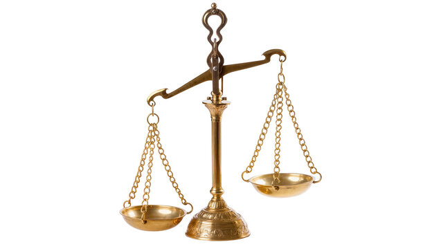 Antique golden scales of justice with ornate detailing, balanced perfectly and isolated on transparent background for legal concepts and fairness