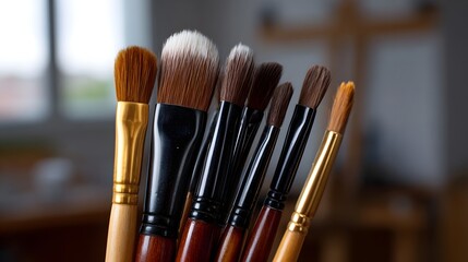 Fototapeta premium A collection of assorted paintbrushes with wooden handles and various colored bristles neatly arranged in a studio setting