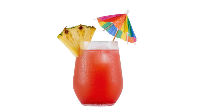 Vibrant red tropical cocktail in a textured glass garnished with fresh pineapple wedge and colorful paper umbrella, isolated on transparent background for beverage ads
