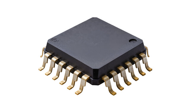 Black square integrated circuit chip with numerous gold metal pins, isolated on transparent background for technical diagrams and electronics designs