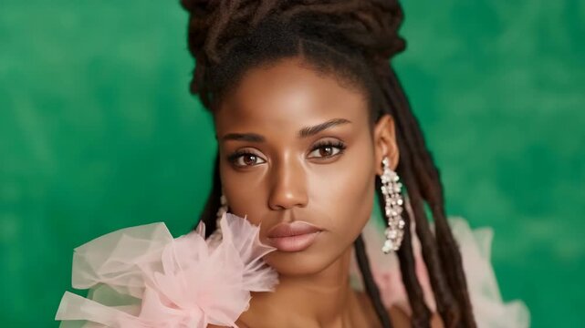 Female african young elegant portrait with long natural dreadlocks wearing statement earrings and soft pink tulle on a green background conveying poised beauty and grace
