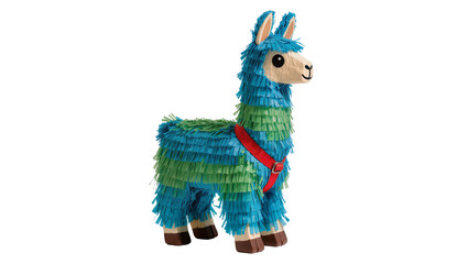 Naklejka premium Festive fringed piñata llama with brown hooves and ears, playfully posed isolated on transparent background for party decorations and celebrations