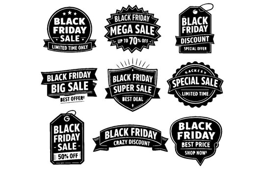 Black Friday Sale Badges Set &ndash; Discount Labels, Mega Sale, Special Offer Vector Icons